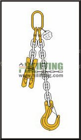 Single chain sling with master link and clevis sling hook with safety latch and adjustable shortening clutch